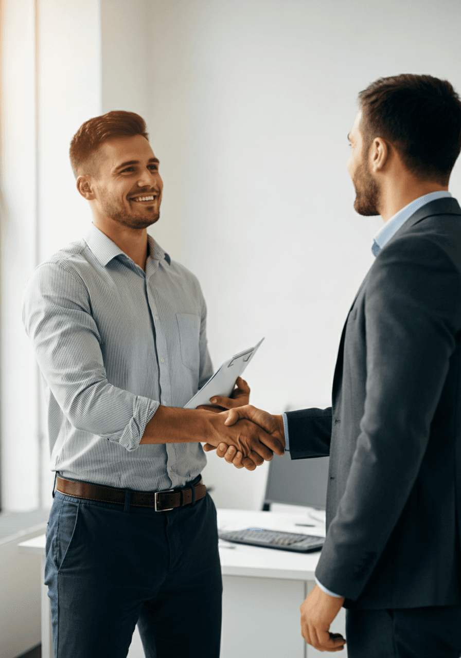 Happy business owner and accountant shaking hands in bright modern office, successful partnership, professional attire, warm natural lighting, trust and satisfaction, corporate photography style