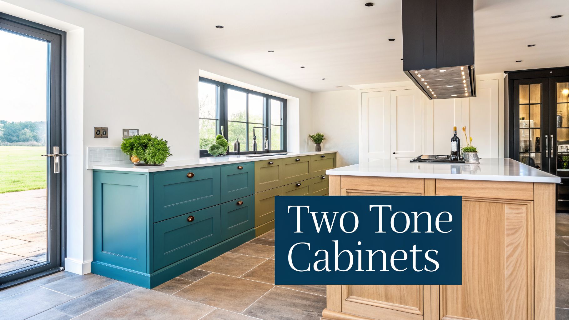 A modern kitchen with two-tone cabinetry featuring teal, olive green, and natural wood finishes, complemented by white countertops.