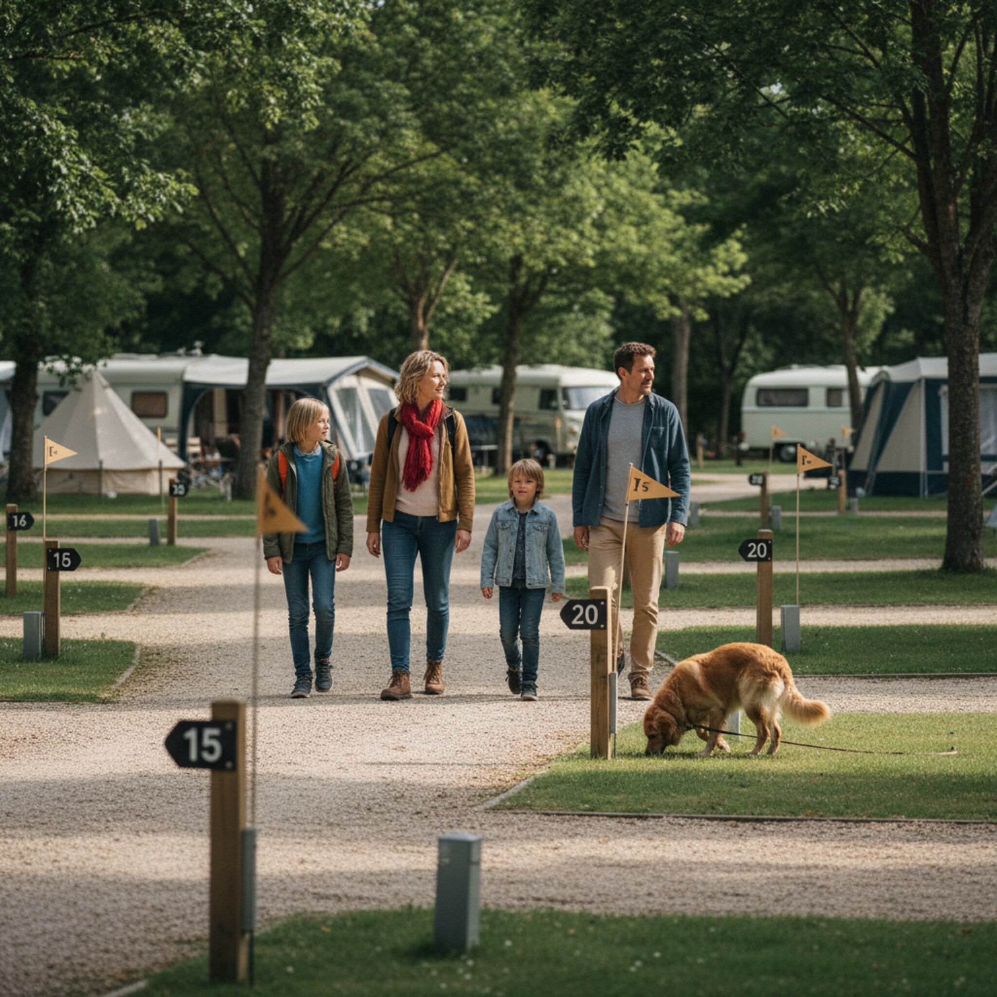 Eine Familie geht einen geschotterten Weg entlang und blickt über nummerierte Parzellen mit kurz geschnittenem Gras. Weiches Seitenlicht lässt die Schilder deutlich wirken. Zwischen Bäumen markieren kleine Fähnchen unterschiedliche Bereiche. Ein Hund schnuppert am Rand, und die Atmosphäre ist erwartungsvoll ruhig.