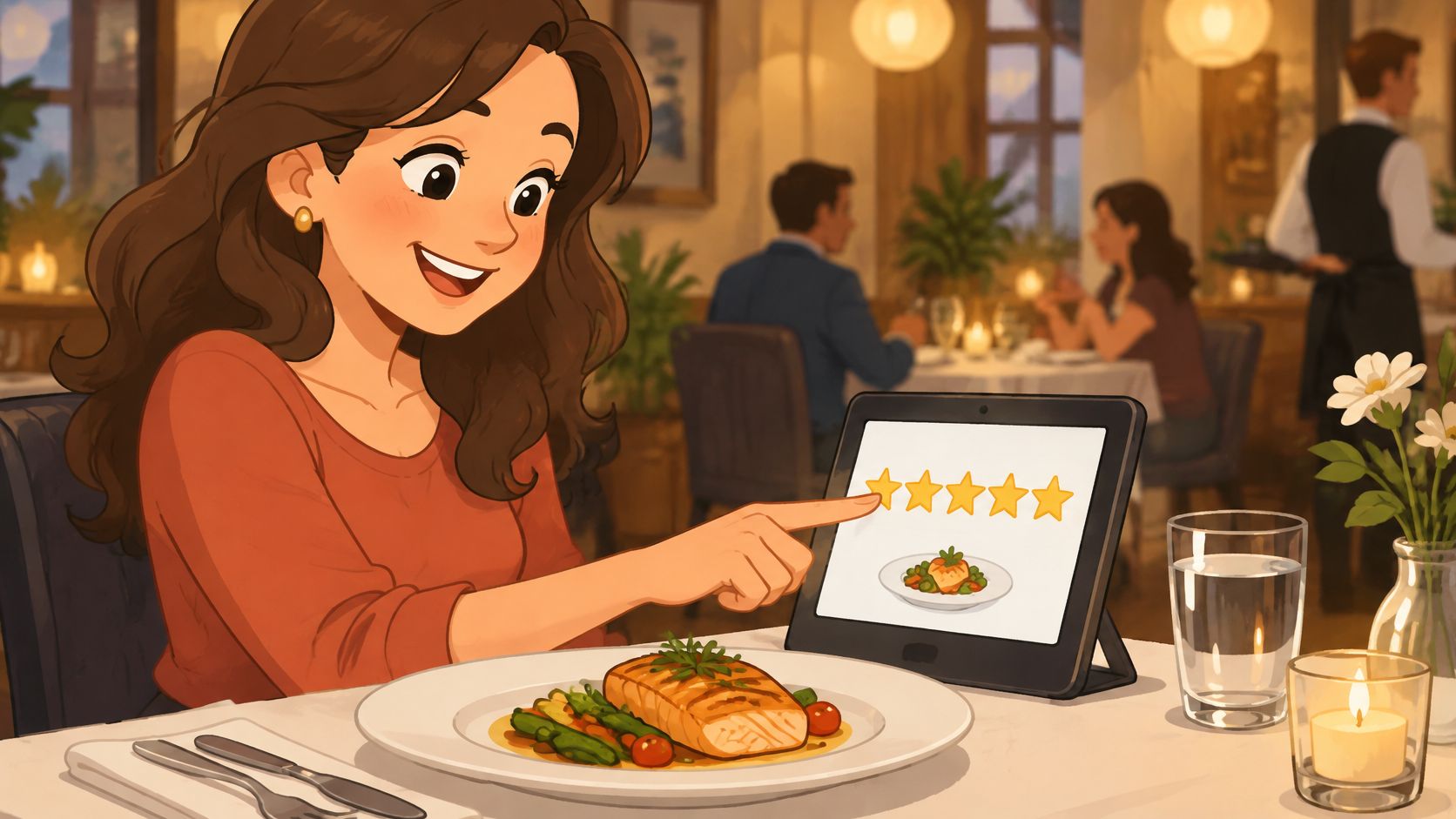 Una mujer feliz en un restaurante califica su comida con cinco estrellas en una tableta digital personal.