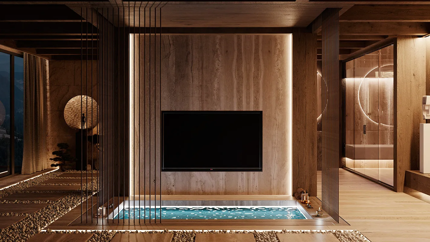 Peakside Chalets Cyprus media wall with built-in TV, vertical timber slats, and integrated ambient lighting