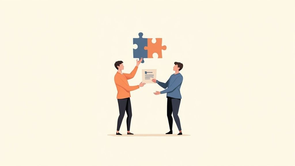 Two men exchanging a document, with connected puzzle pieces above symbolizing teamwork and collaboration.