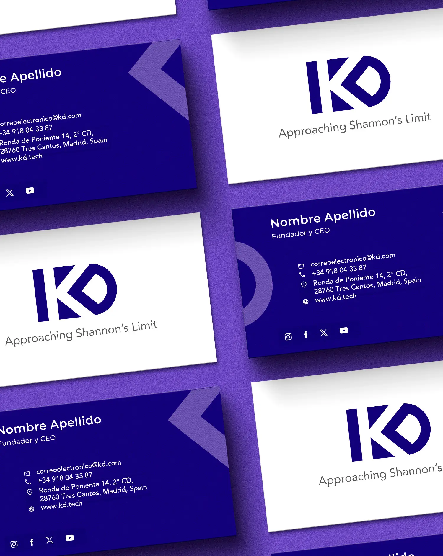Tarjetas de visita KD.tech diseño moderno, logo azul y contactos empresariales.