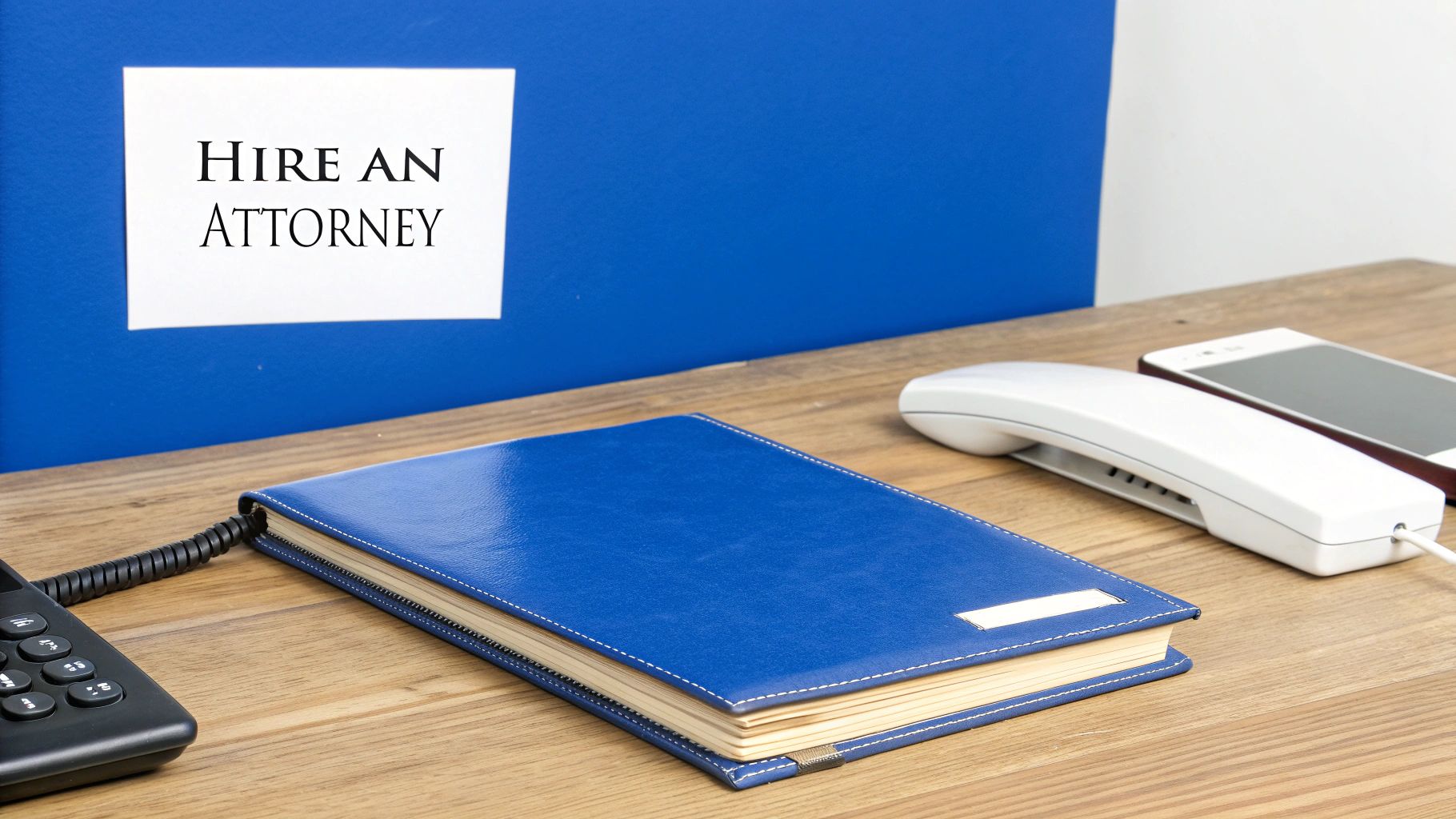 A desk with a blue binder, a telephone, a smartphone, and a sign reading 'Hire an Attorney' on a blue background.
