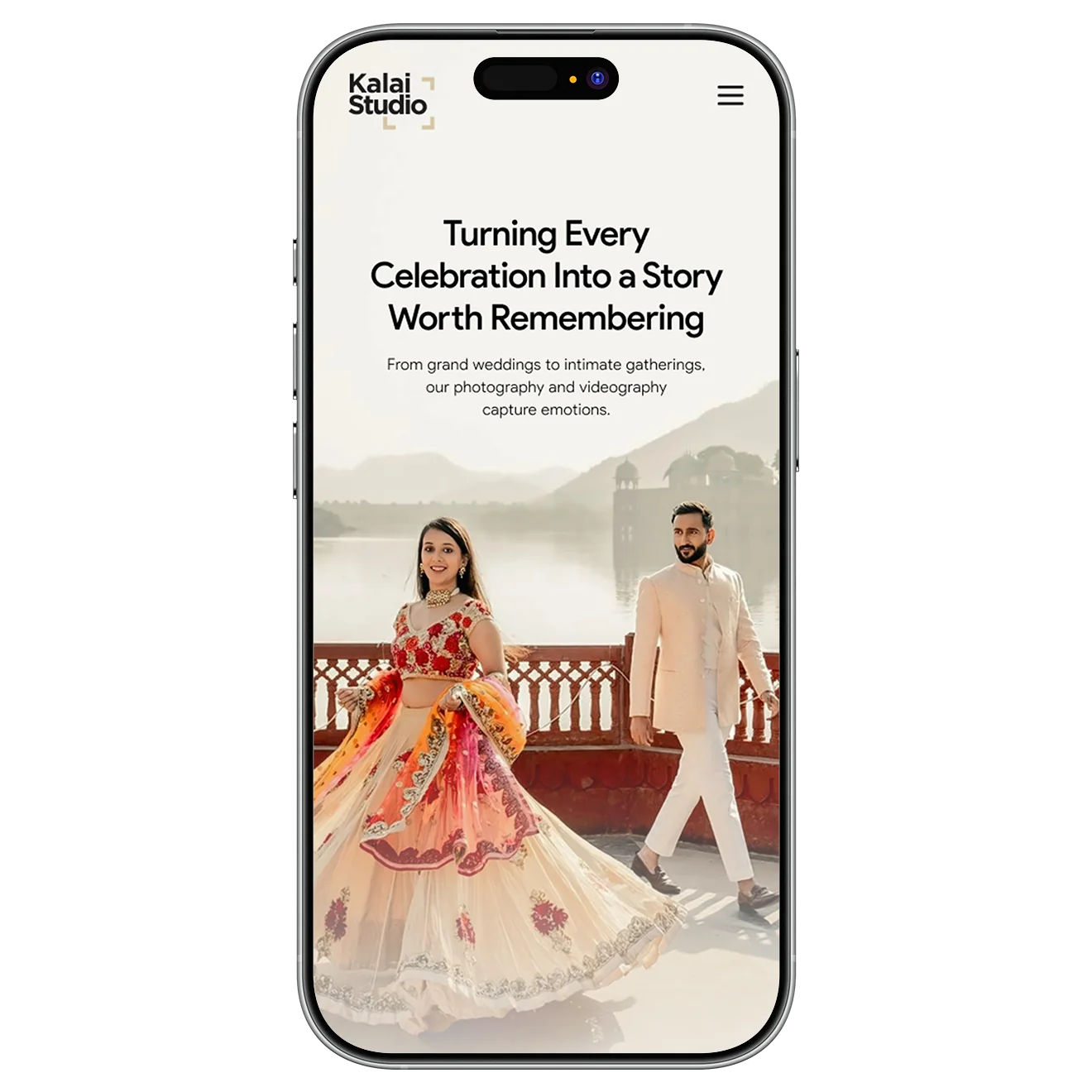 Kalai Photography Studio mobile website showcasing wedding photography portfolio and clean interface