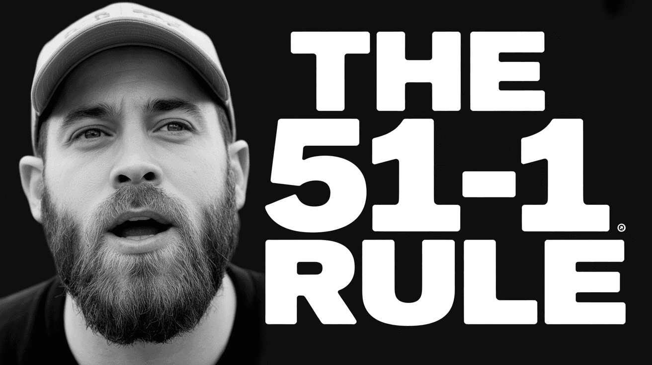 Alex Hormozi-style money formula thumbnail with close-up face and oversized black-white rule text