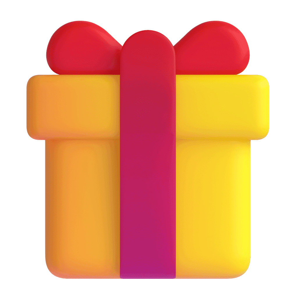 A colorful gift box with a yellow base, red ribbon, and a red bow on top.