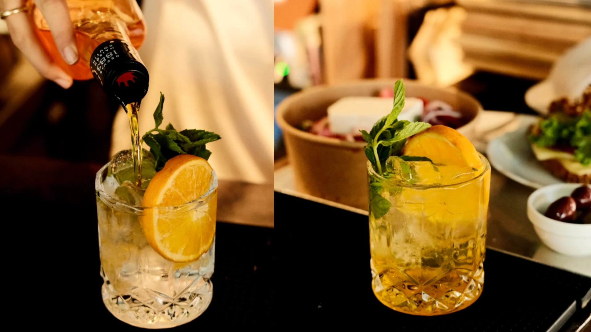 צילום קולינרי של קוקטייל מרענן המוגש עם נענע ופרוסת תפוז. הקומפוזיציה מציגה מזיגה של משקה לתוך כוס מלאה בקרח לצד המשקה המעוצב בבית קפה, מאת Shiriz Photography והצלמת שירי עציץ.