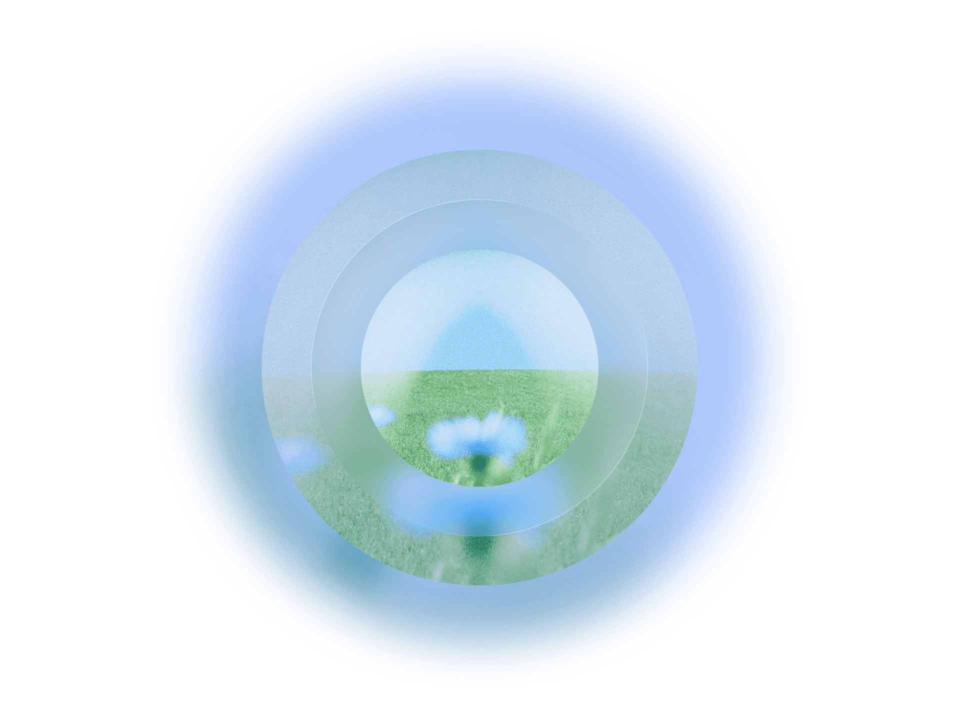 A serene landscape showing rolling hills and trees inside a circular, soft blue frame.