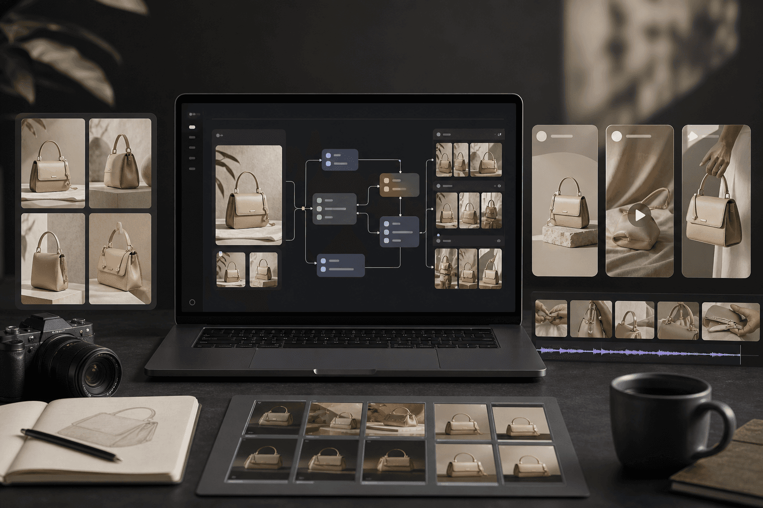 Ecommerce marketer reviewing an AI ad creative workflow on a laptop with product assets and ad variants
