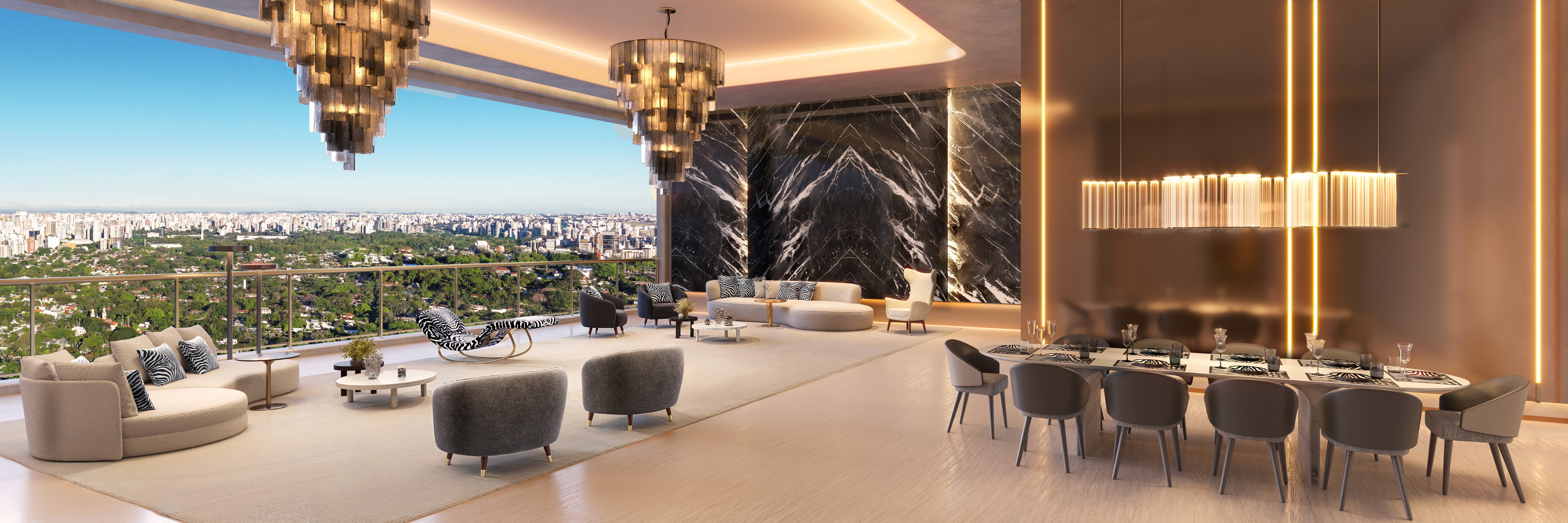 Curved modern skyscraper against a clear blue sky.