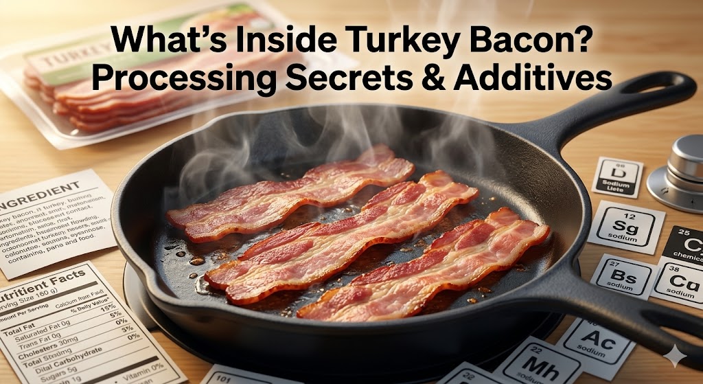 A cinematic close-up image showing turkey bacon sizzling in a black cast-iron skillet, with steam rising. It contrasts appetizing breakfast visuals with scattered ingredient labels, processed food additives, sodium icons, and chemical symbols (like 'Sg sodium', 'Bs sodium'). In the blurred background are packaged turkey bacon, a nutrition facts label, and an ingredient list, all under warm golden lighting. The main text overlay reads: “What’s Inside Turkey Bacon? Processing Secrets & Additives”.