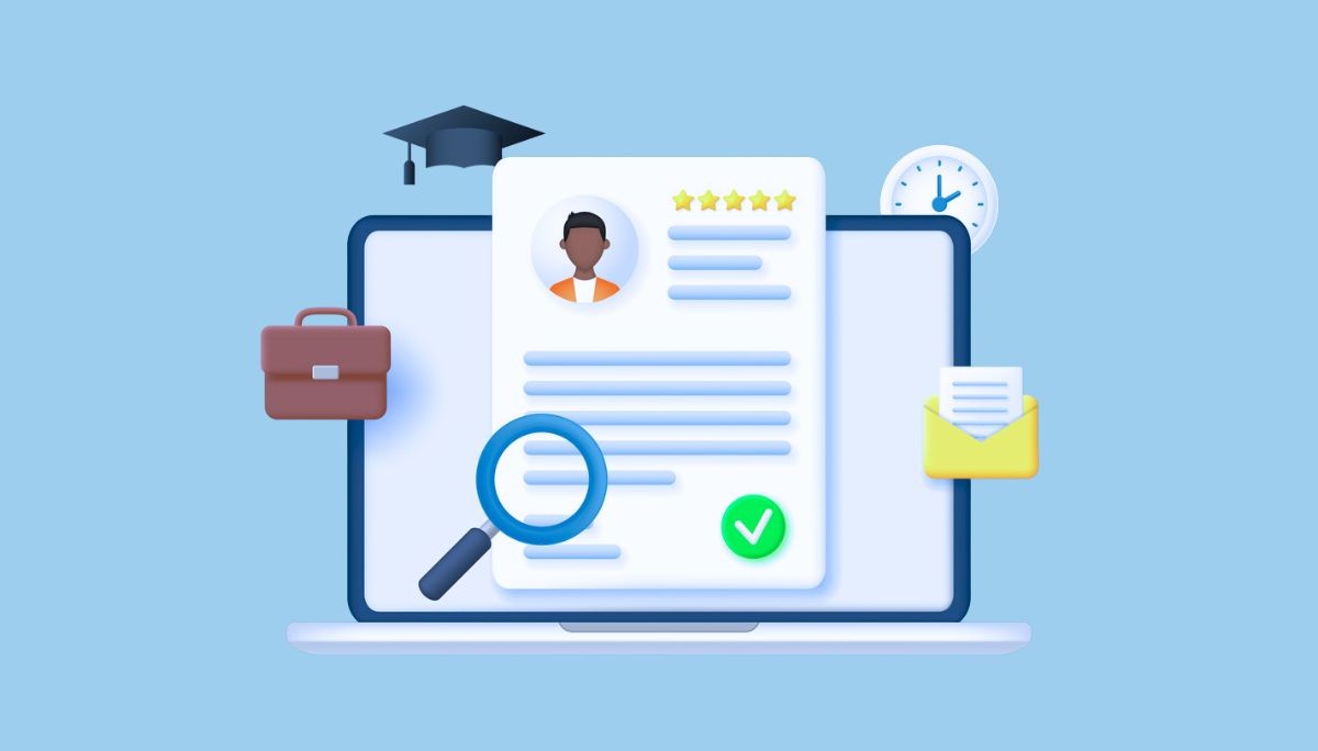 Illustration of a woman seated at a desk working on a computer, holding a paper while a large monitor behind her shows a rocket launch, surrounded by floating dollar signs, gears, paper airplanes, and a light bulb.