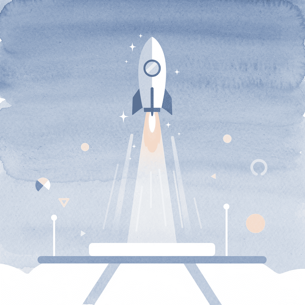 Scene illustration of a product launching upward, representing custom branded apparel taking off