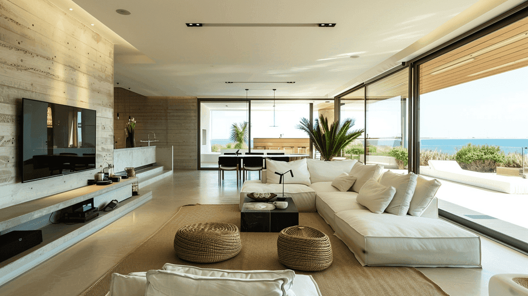 Minimalist oceanfront living room with neutral tones, sliding glass doors, and unobstructed water views