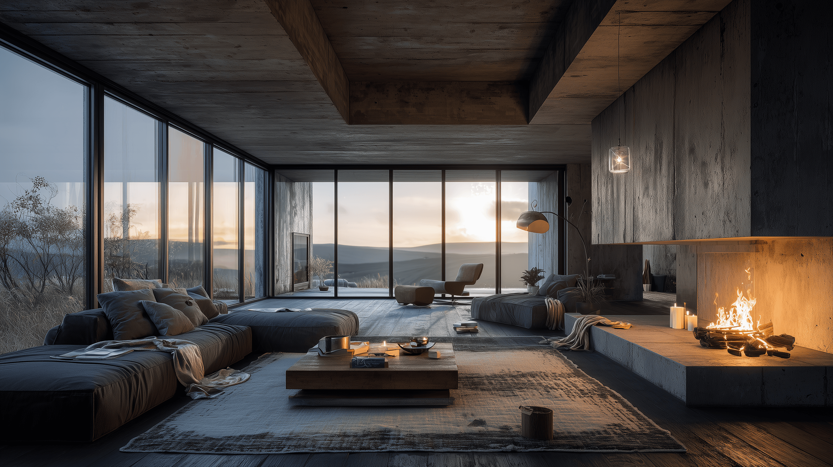 Stone terrace with balustrade and draped curtains framing a view of the ocean at sunset, with two lanterns on pillars.