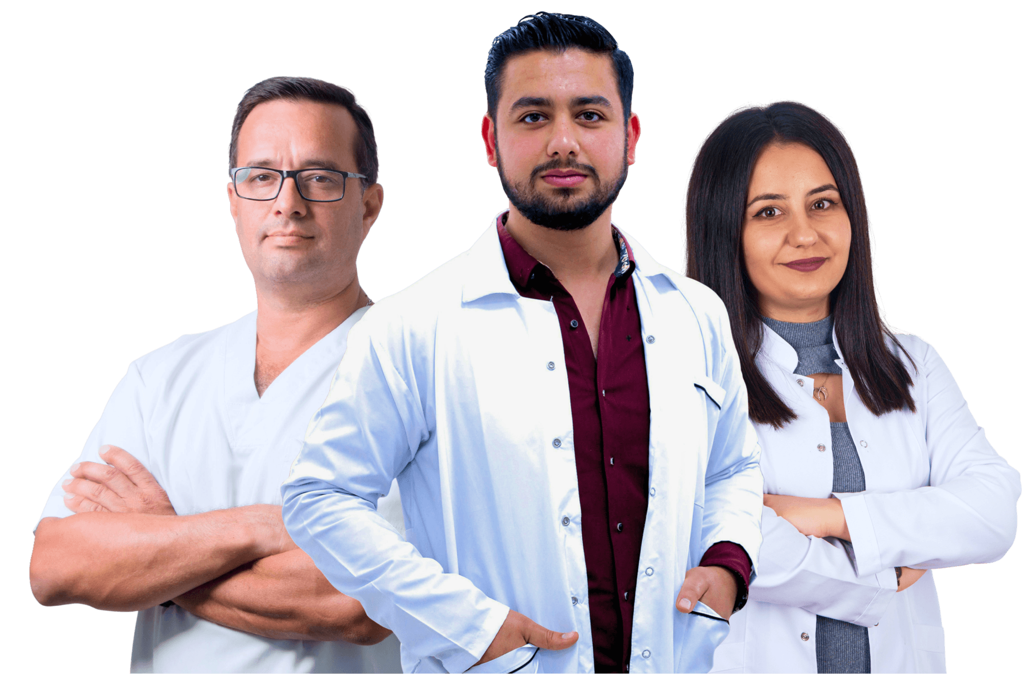 Hero portraits of three nephrologist medical doctors facing the camera smiling.