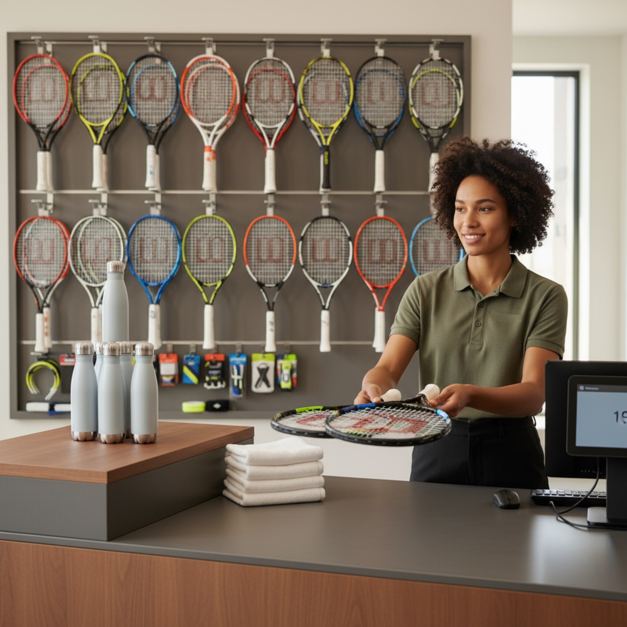 Ein ruhiger Moment am Empfang eines Sportcenters, aufgeräumte Theke mit Trinkflaschen und sauberen Handtüchern. Ein Mitarbeiter reicht zwei Leihschläger über die Theke, im Hintergrund sind geordnete Racketreihen zu sehen. Warmes Licht und freundliche Blicke vermitteln Verlässlichkeit und Service.