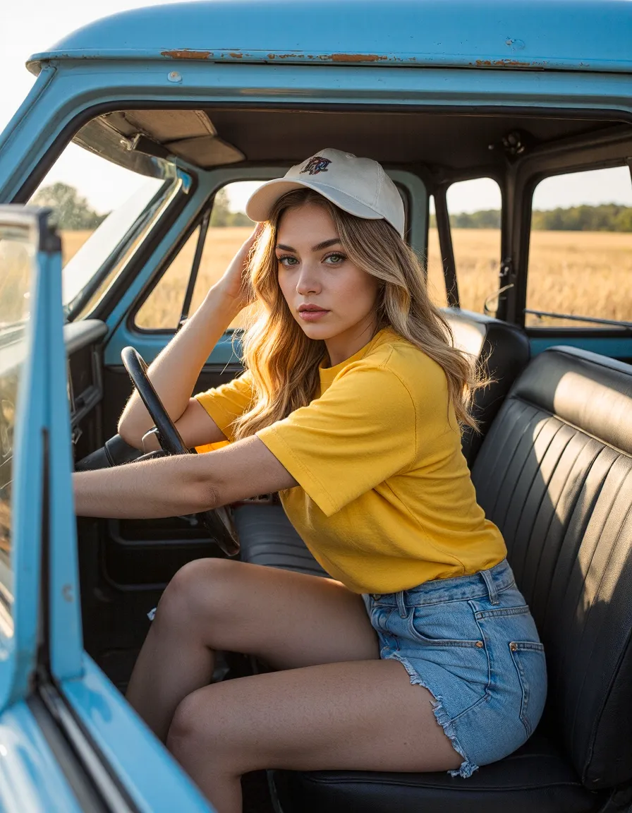 Woman in yellow tshirt and white cap sitting in vintage blue truck driver's seat during golden hour