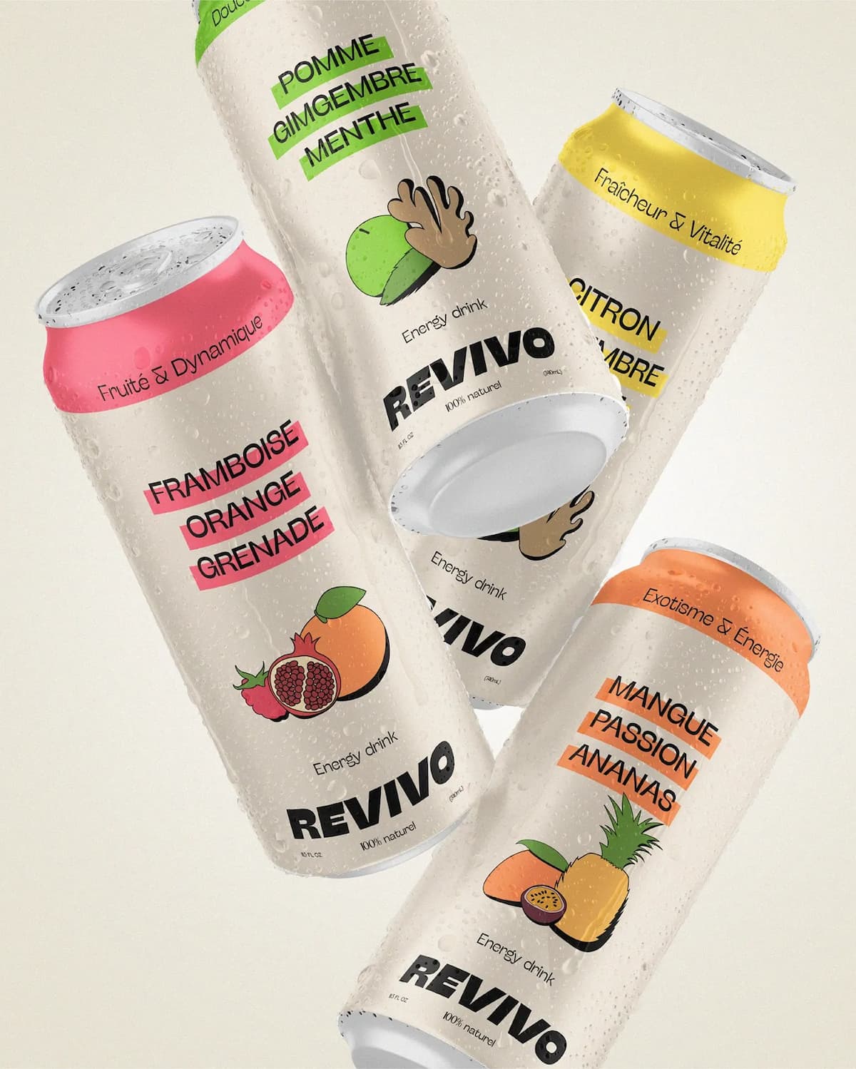projet Revivo packaging branding canette boisson énergisante 4 goûts