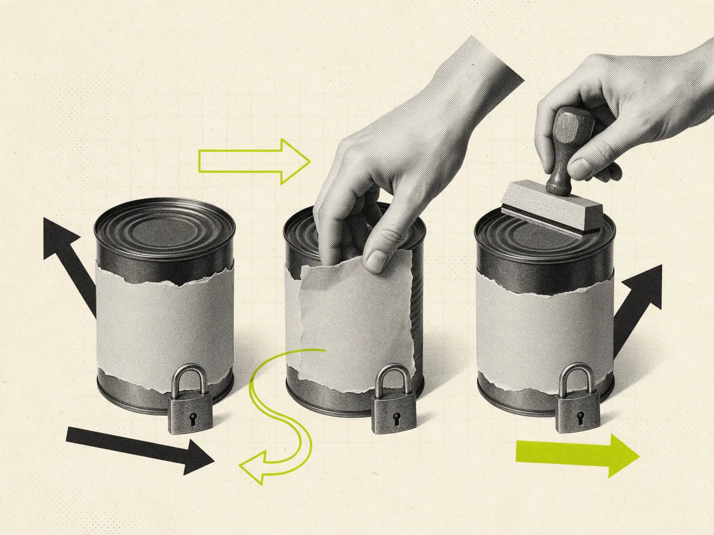 Colagem vintage: três latas iguais com rótulos em branco e cadeados, mãos aplicam marca, o SaaS white label