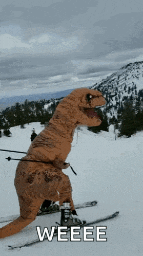 T-Rex Skis Down a Snowy Mountain