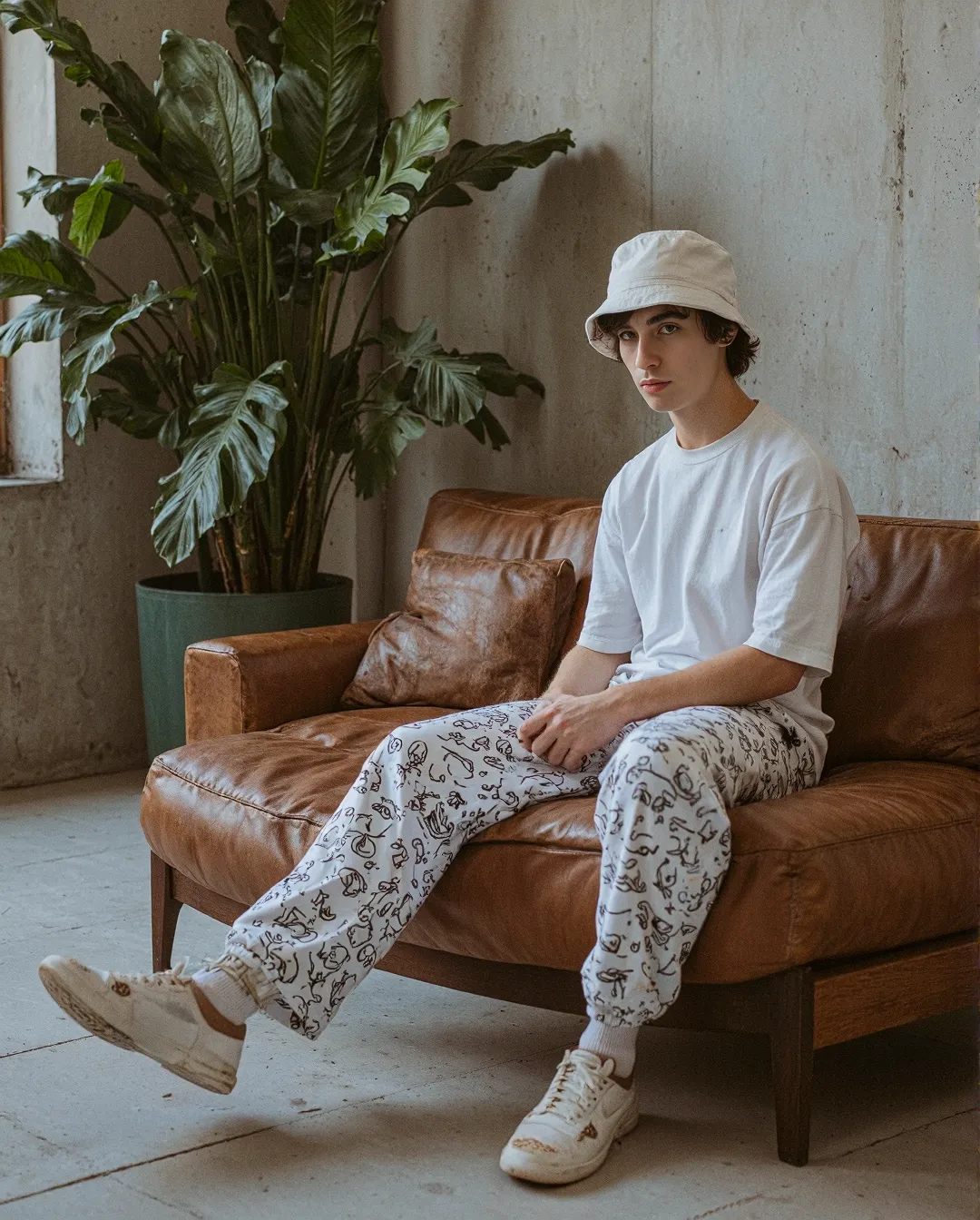 Stylish scene featuring minimalist fashion with white tee, patterned pants and bucket hat on a caramel leather sofa with lush green plant