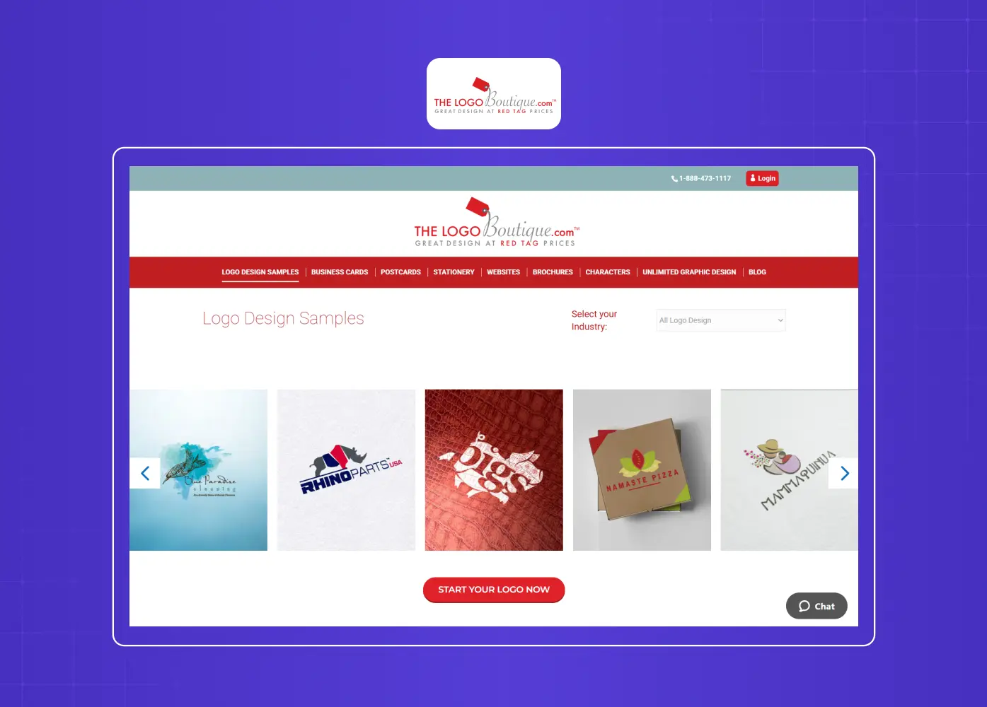 Gallery of logo design samples across different industries, showcasing diverse branding styles and concepts.