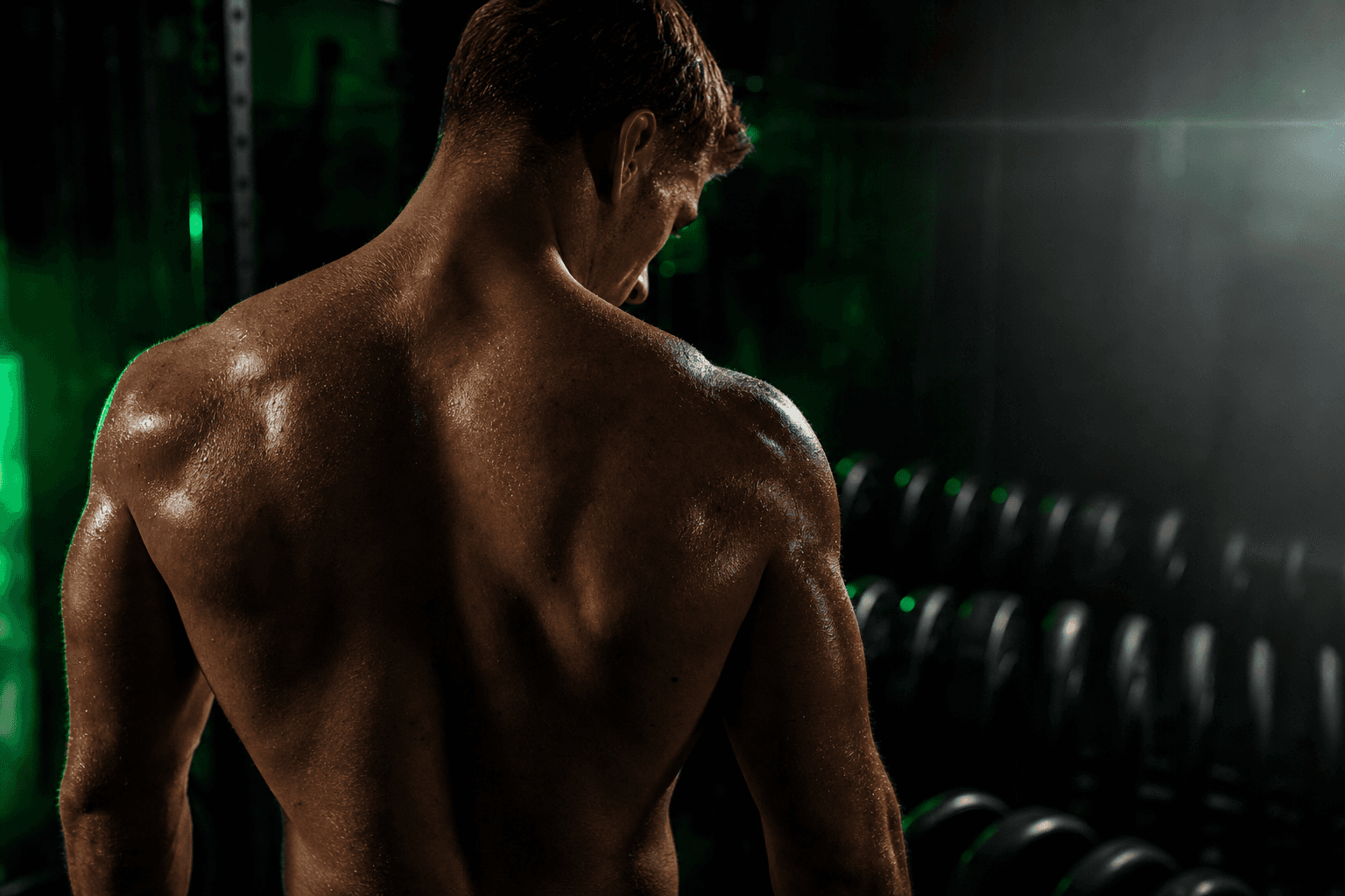Close-up of a sweating athlete's back with racked weight plates fading into the background, representing accumulated weekly training volume