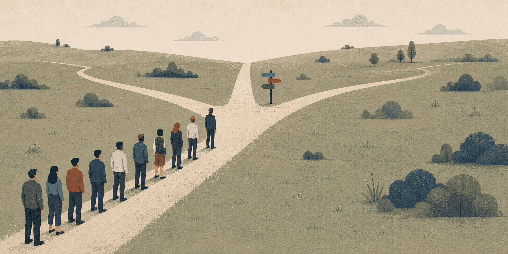 A line of customers splitting in an open field