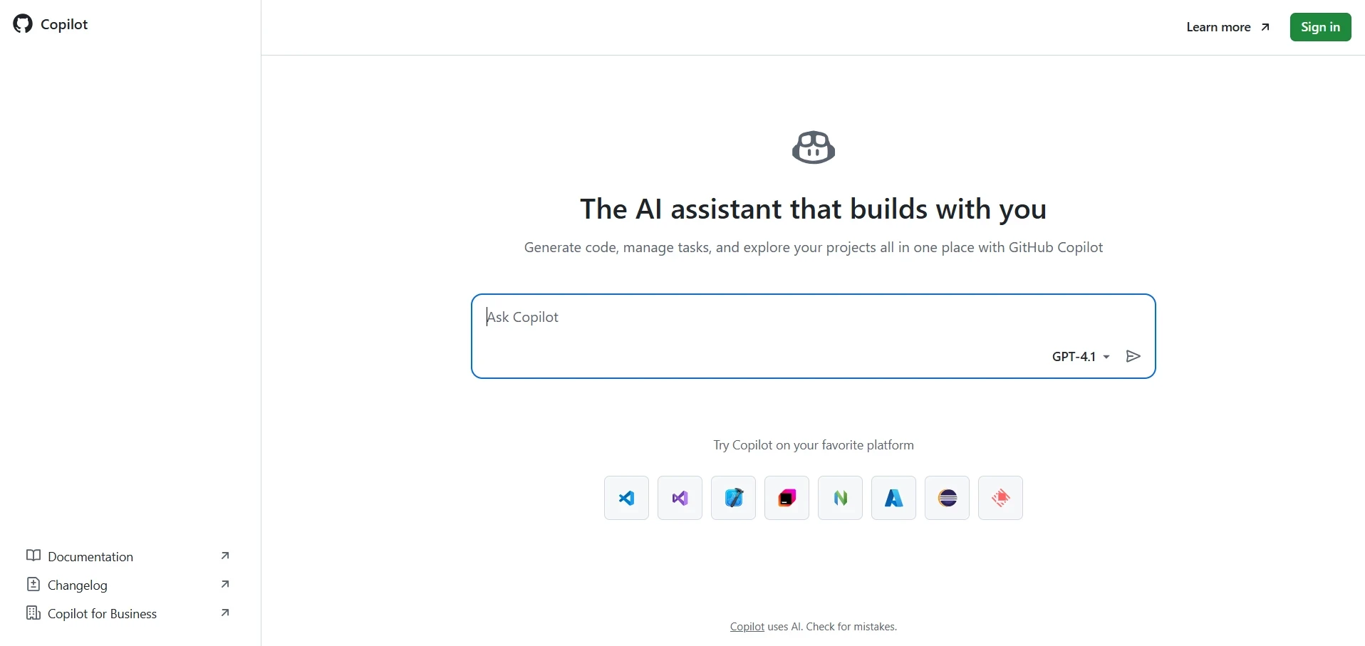 GitHub Copilot homepage featuring an AI prompt bar and "The AI assistant that builds with you."