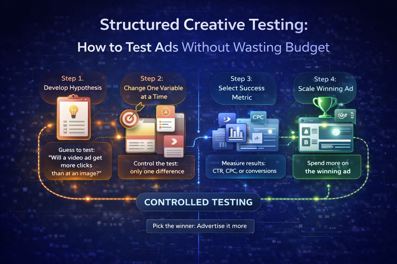 Infographic showing structured ad creative testing framework including hypothesis, single-variable tests, metrics selection, and scaling winning ads