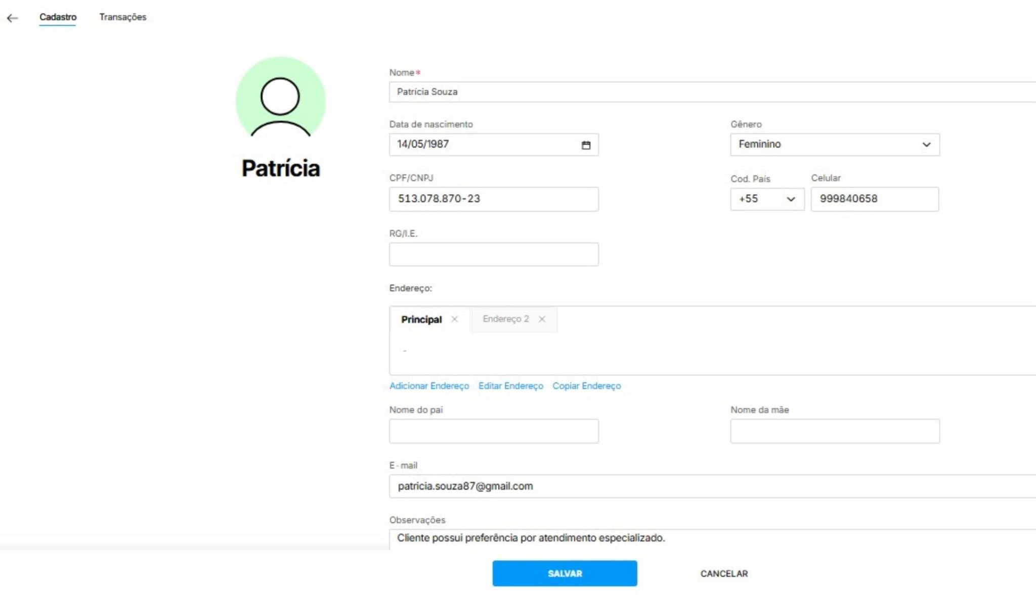 Tela de cadastro de cliente no sistema Nex exibindo formulário preenchido com dados pessoais, contato, endereço e observações da cliente Patrícia.