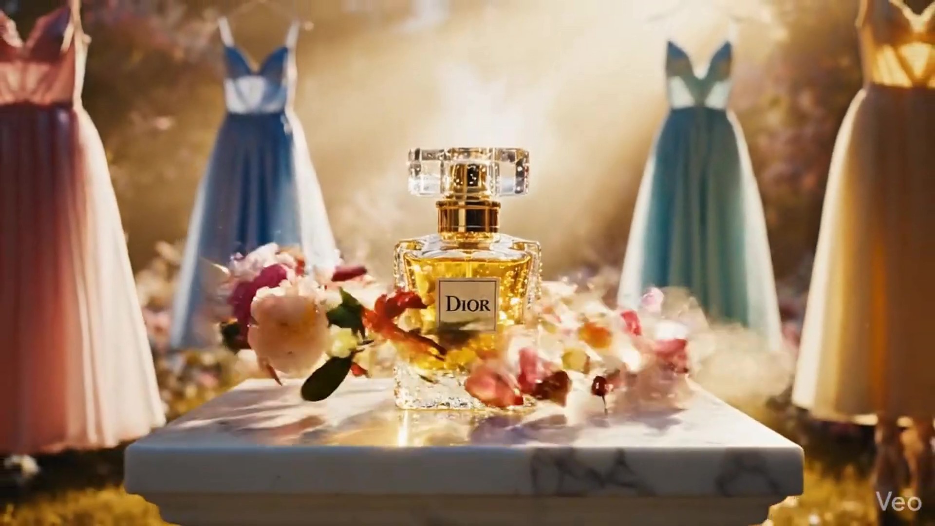 Dior luxury fragrance commercial concept by Mahendra R, showcasing a perfume bottle with animated floral effects and a background of elegant fashion dresses in soft, golden lighting