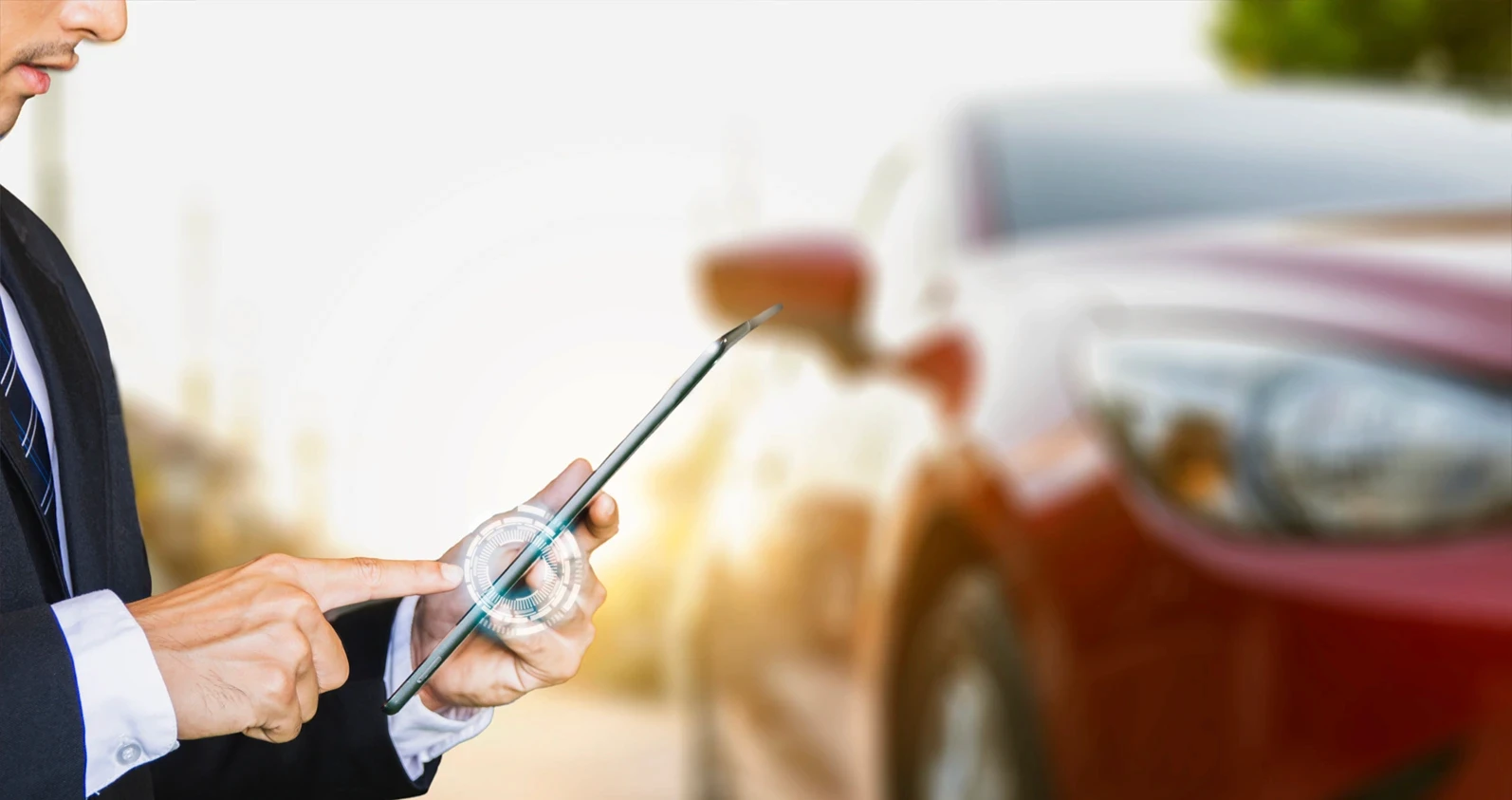 Man inspection or man business in city hold tablet technology ai push checking writing on clipboard in garage of dealership mechanic In showroom car and insurance for check to travel new year 2021