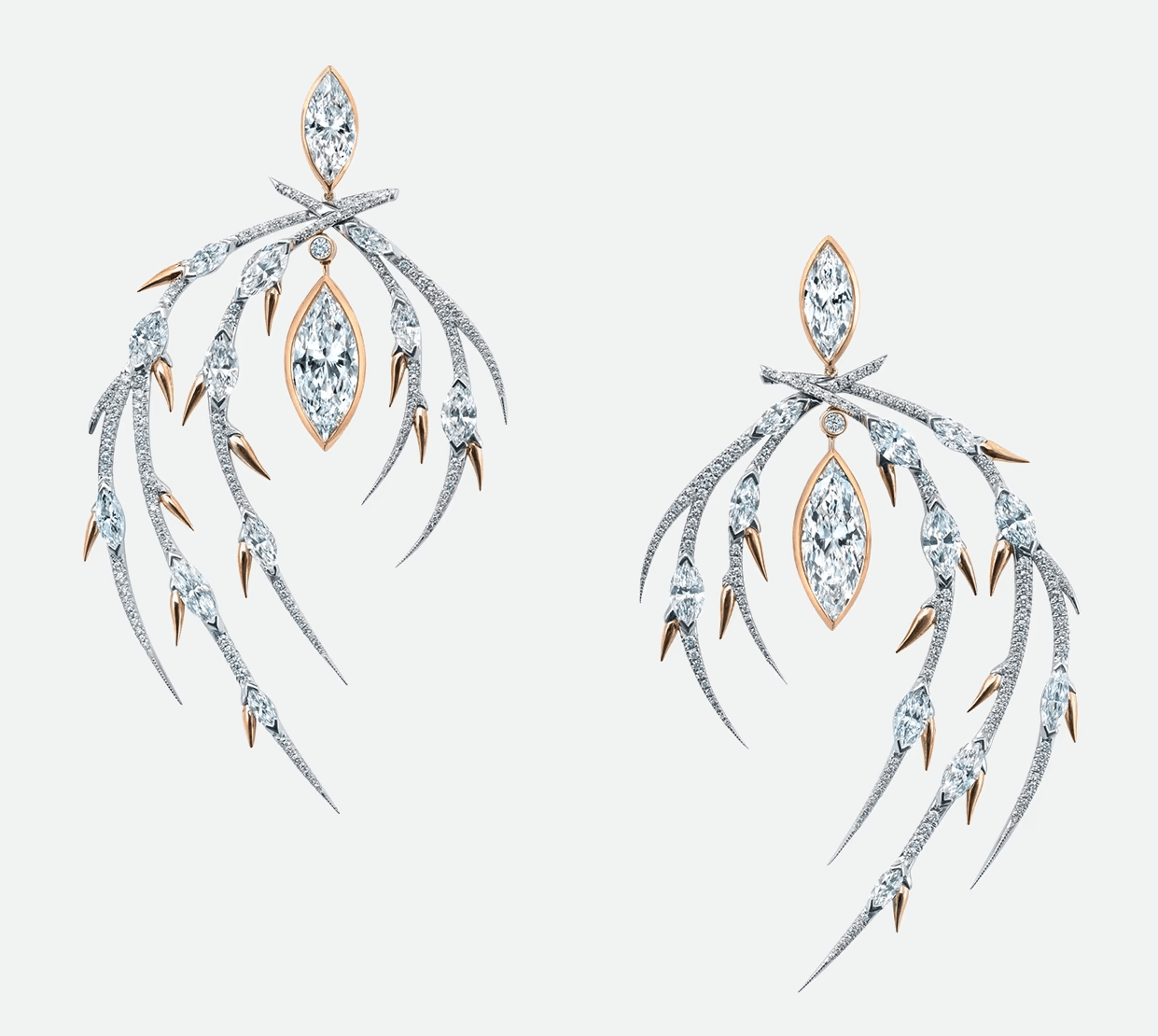Shaun Leane Sonnet drop earrings in white and rose gold with diamond-set branch motifs and central marquise diamonds.