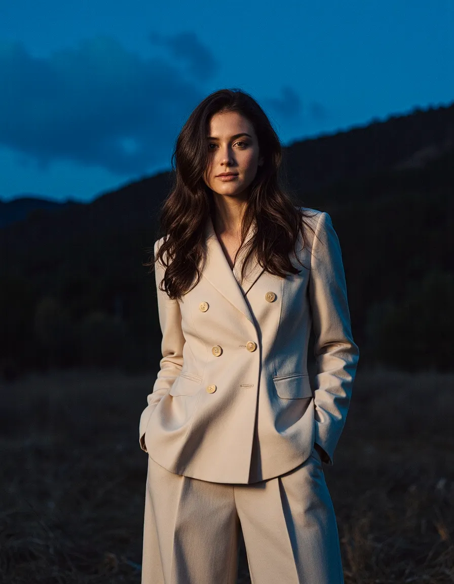 Woman in cream blazer suit against mountain backdrop at golden hour, professional fashion portrait photography