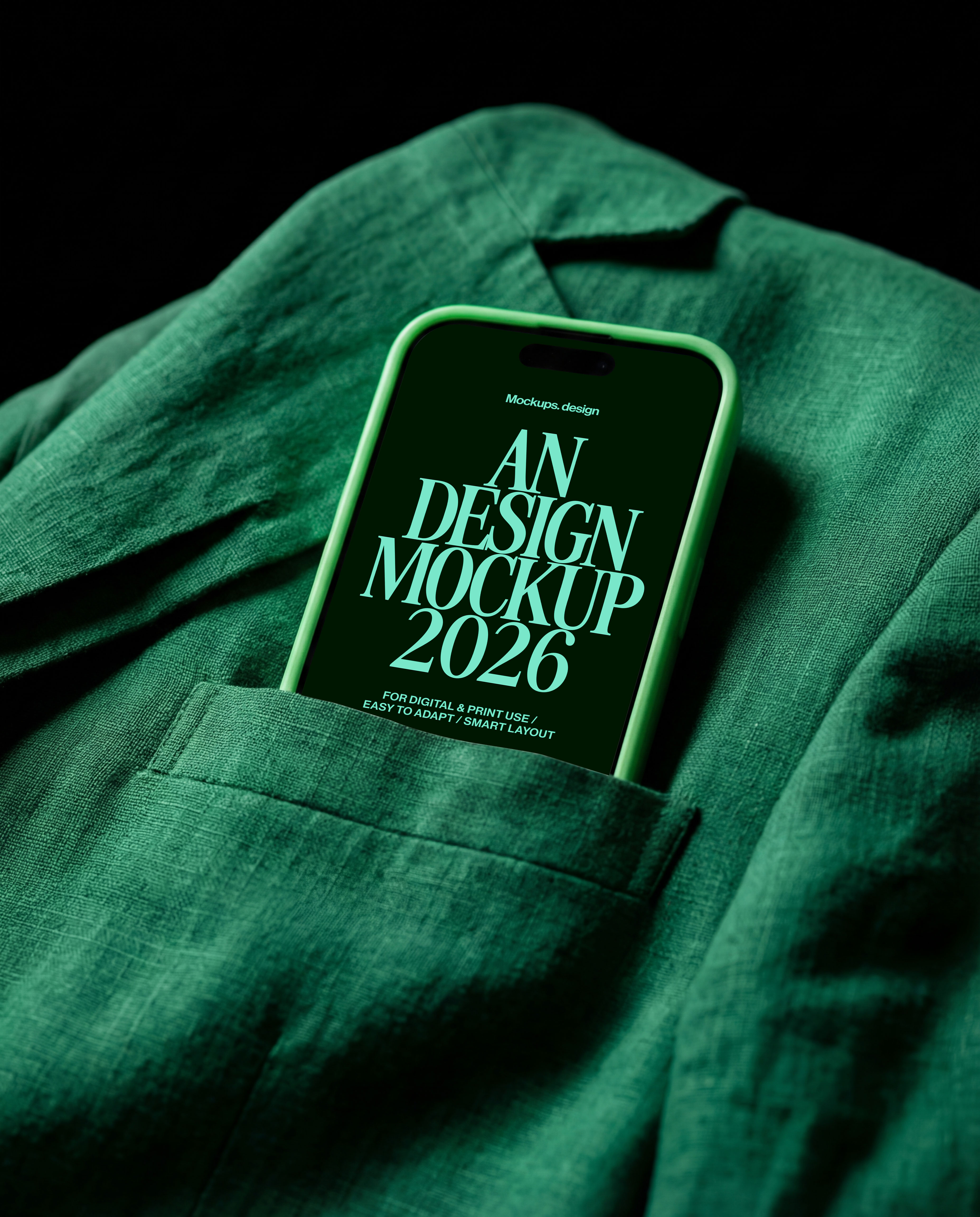 iPhone 16 mockup in jacket pocket, realistic mobile display