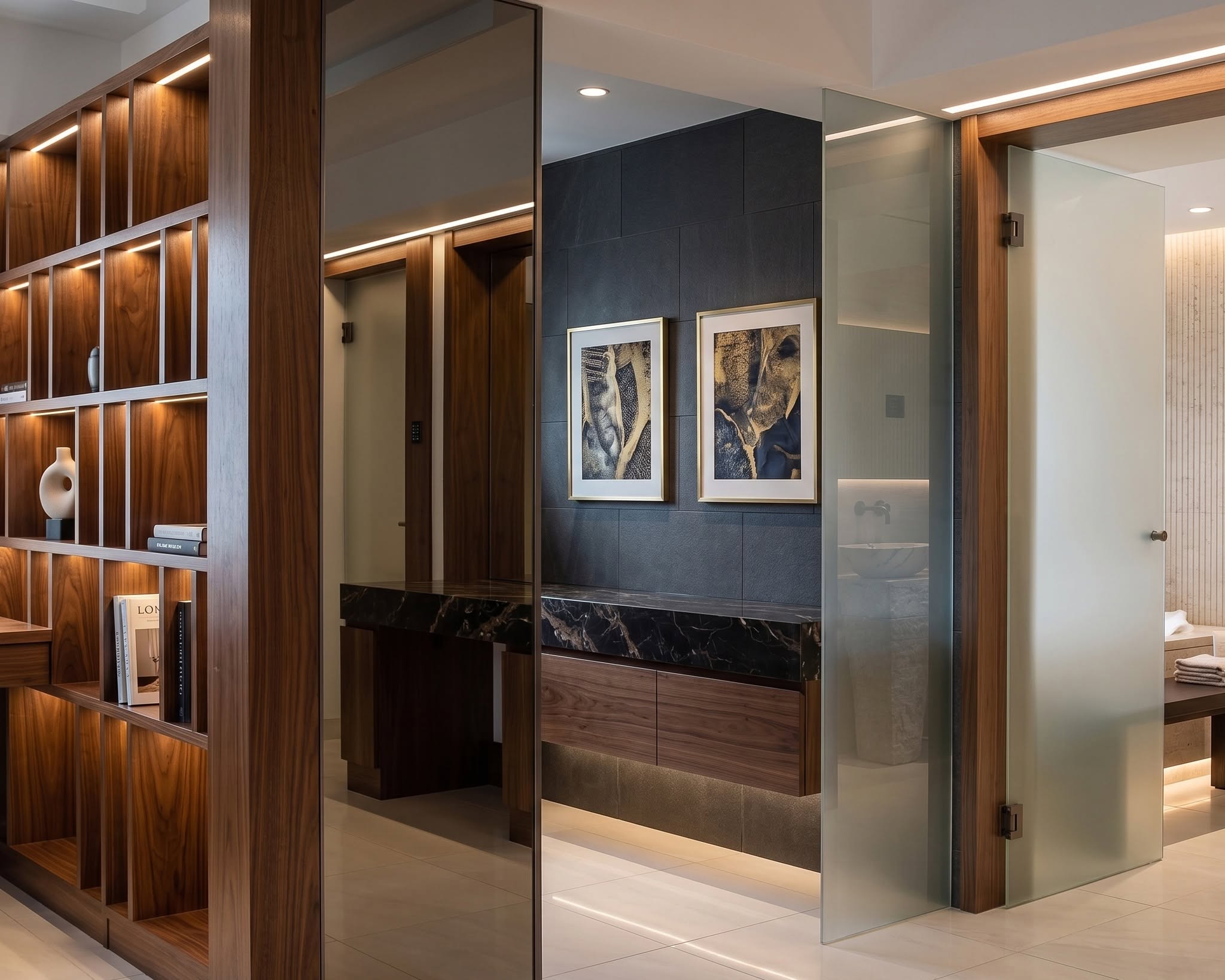 A sophisticated master walk-in wardrobe and dressing zone at Hong Lok Yuen displaying custom open timber shelving, dark charcoal stone wall tiles, dual gold-framed abstract art pieces, and frosted glass sliding doors.