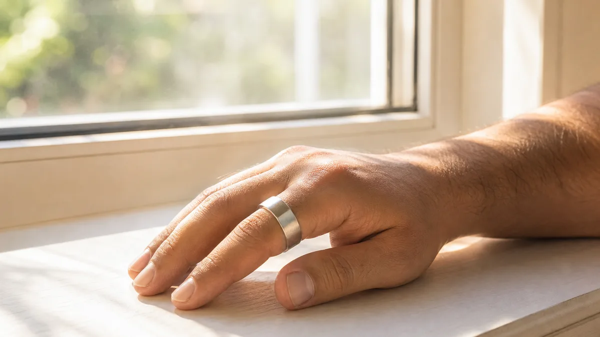 A hand wearing a plain silver smart tasbih ring rests on a sunlit windowsill in the morning