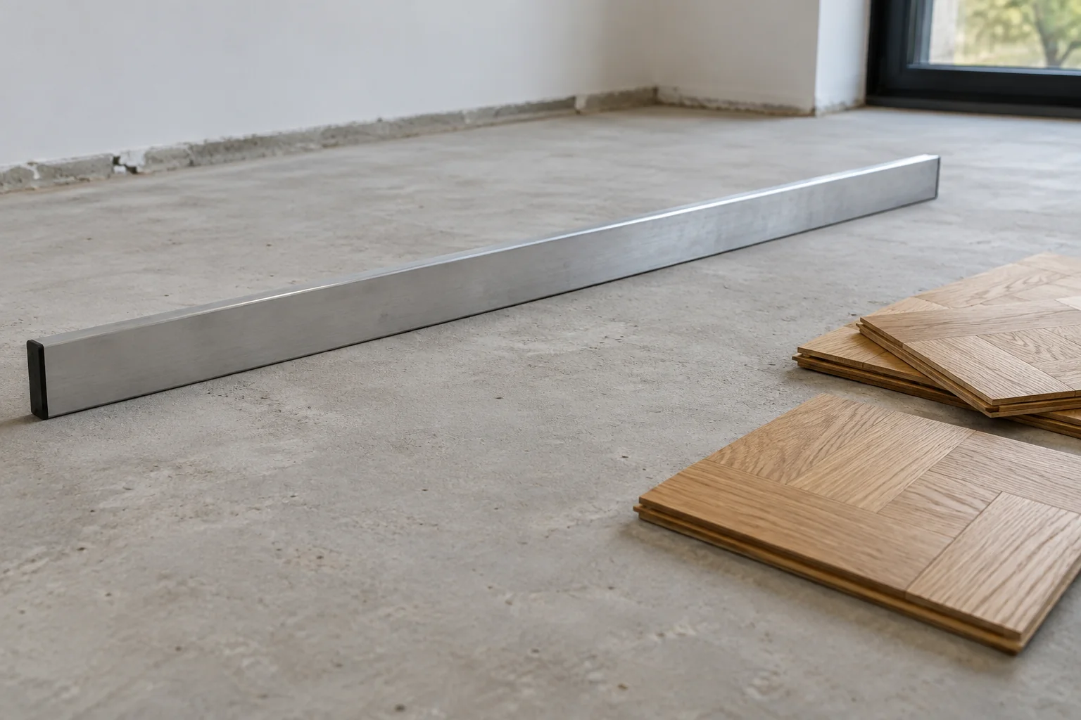 Règle de contrôle sur un support avant pose du parquet, illustration