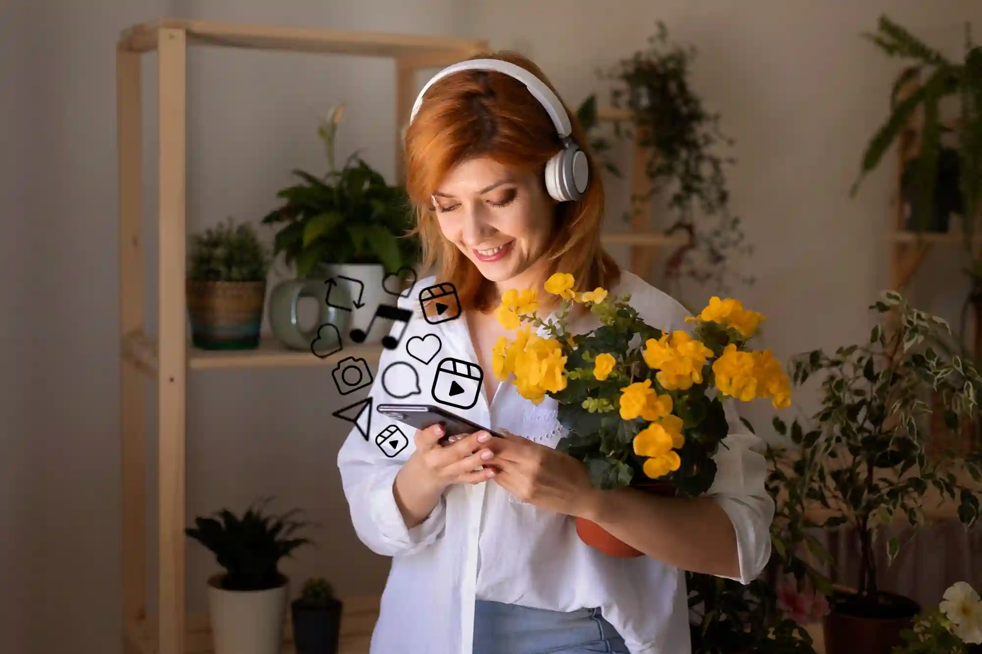 Smiling woman wearing headphones and using a smartphone surrounded by digital icons, representing a lifestyle of connected hobbies.