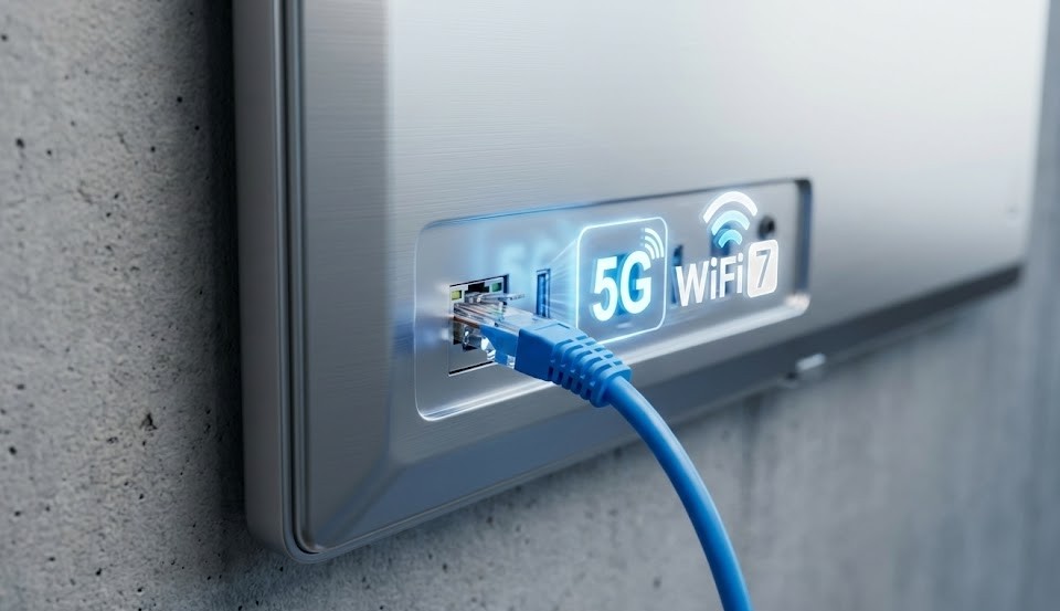 Plano aproximado de um cabo Ethernet azul conectado à parte traseira de um dispositivo metálico, com ícones holográficos brilhantes de "5G" e "WiFi 7" sobre a porta.