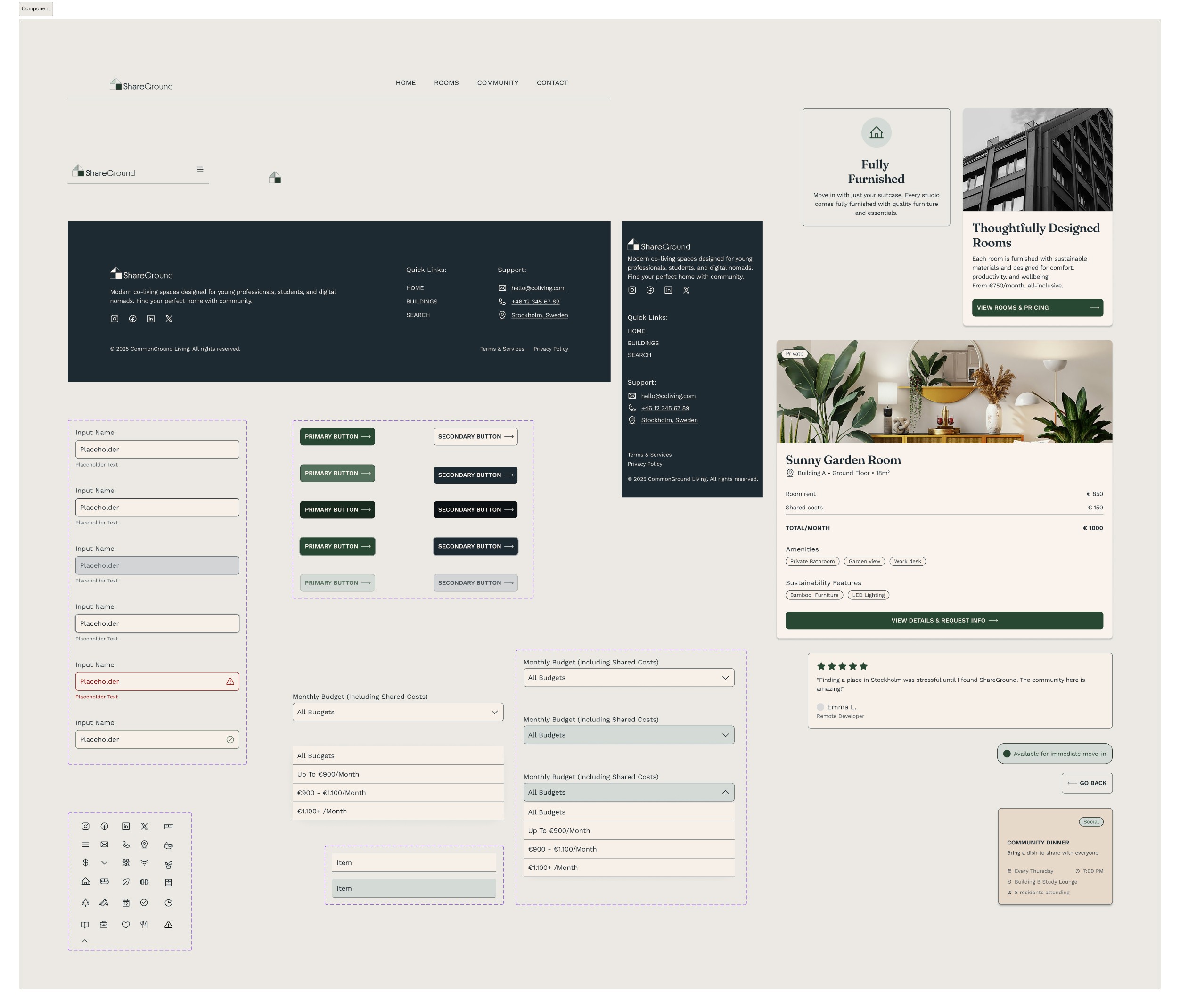 UI component library with buttons, inputs, cards, menus, and filters for a co-living website.