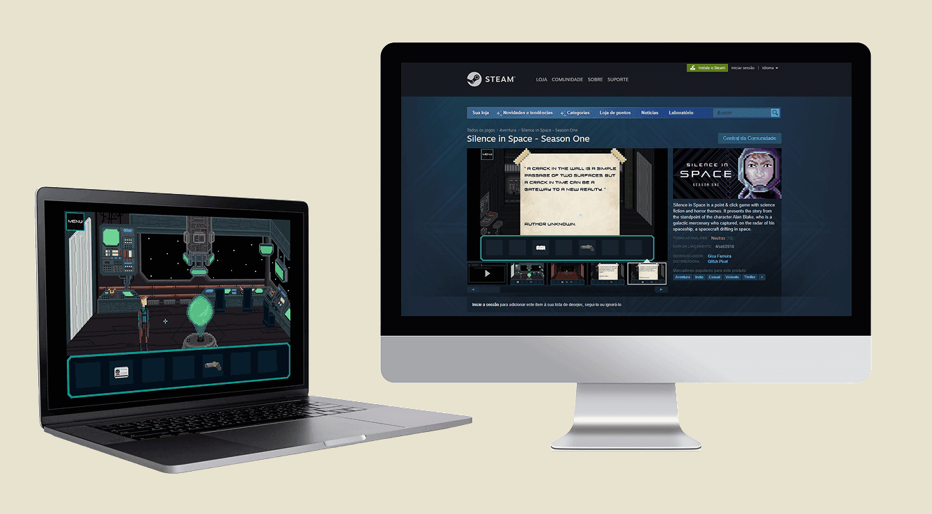 Foto de uma tela do computador com o jogo rodando e outra foto da tela do computador com o jogo publicado na Steam.