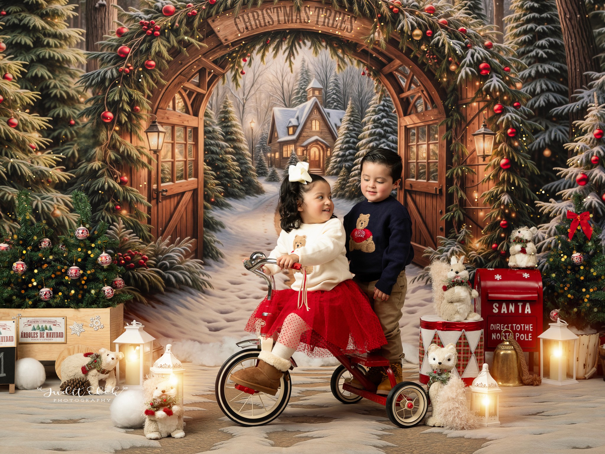 sesión navideña con niños pequeños en estudio fotográfico