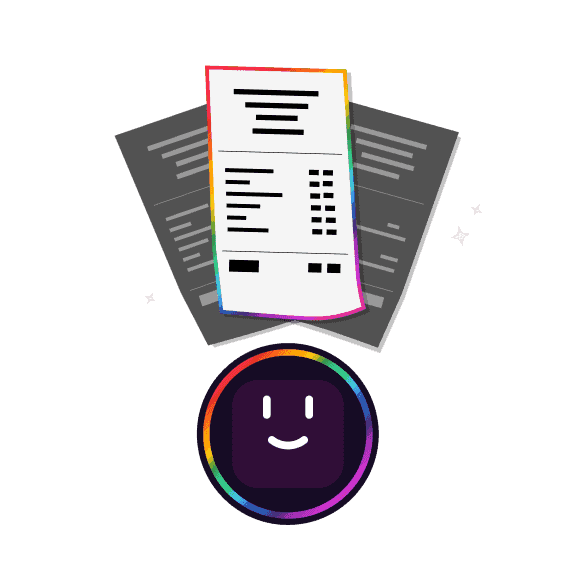 Icoon met een document met een bon en een lachend gezichtje, dat voltooiing of succes symboliseert.