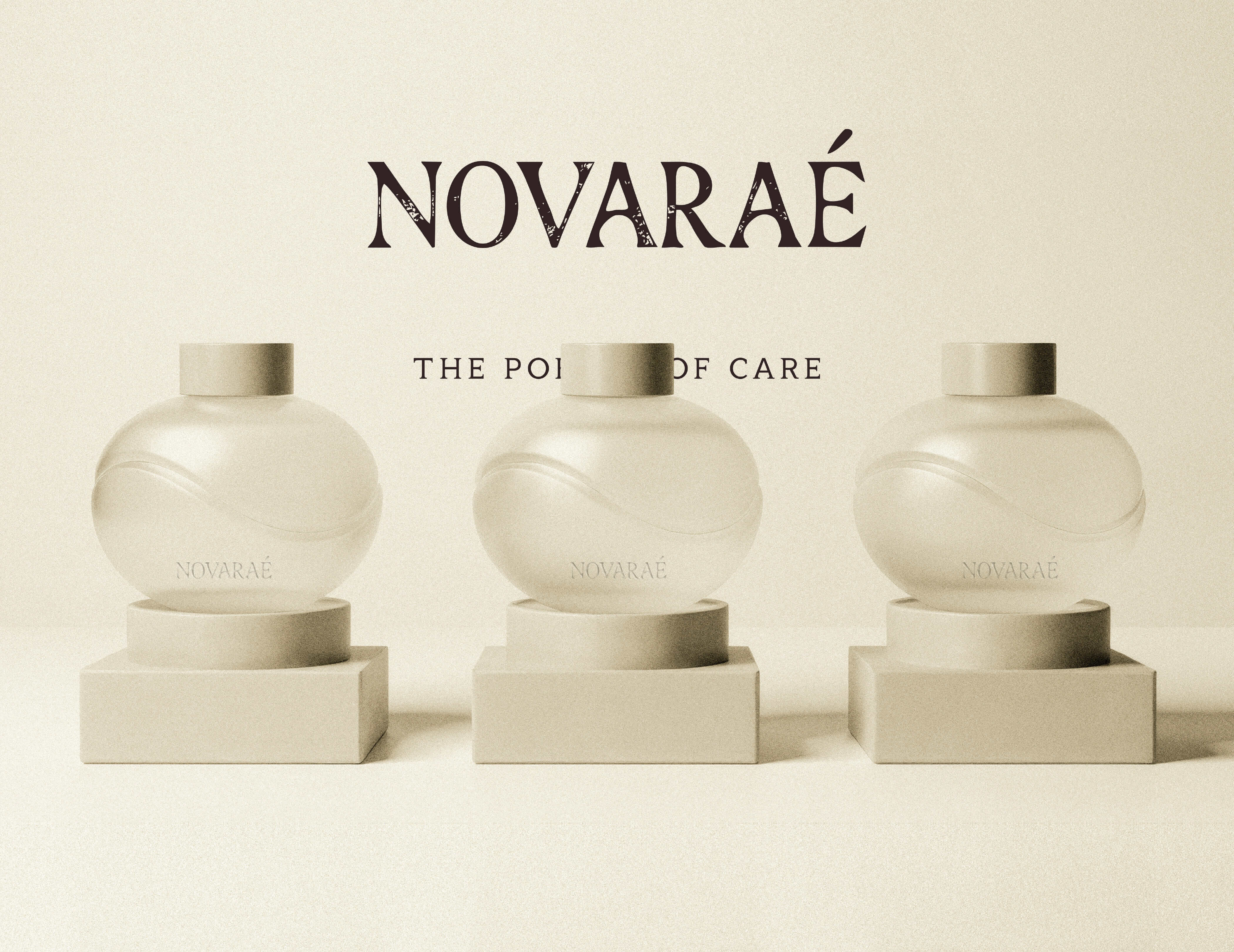 Three elegant, rounded glass perfume bottles labeled NOVARAÉ are displayed on minimalistic square pedestals. The background is a soft, muted tone, enhancing the sophisticated appearance. Above the bottles, the phrase THE POINT OF CARE is prominently featured in a stylish font, emphasizing the brand's essence. The overall composition exudes a sense of luxury and simplicity.