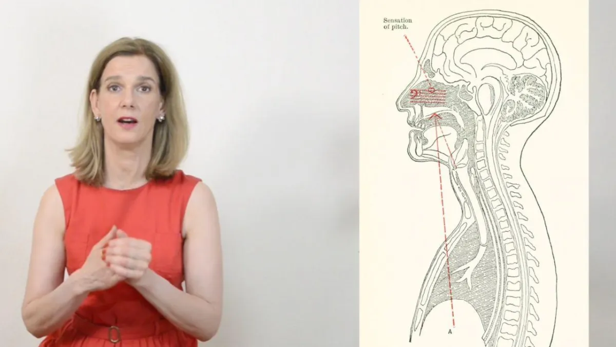 Danielle Zuber erklärt die Anatomie der Stimme anhand einer medizinischen Illustration des Kehlkopfs und der vorderen Atemwege.