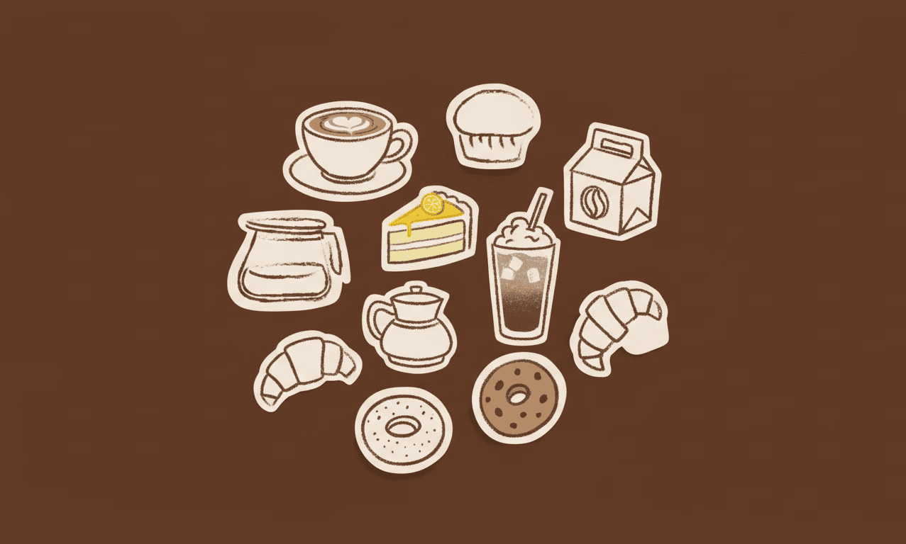 Croisant,doughnut,cofee,milk,cake,muffin and more.